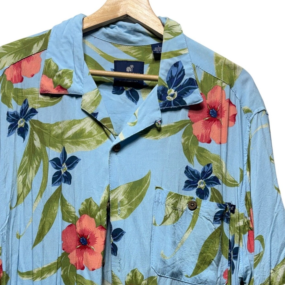 Caribbean Joe Mens Large Blue Floral Rayon Short Sleeve Hawaiian Camp Shirt
